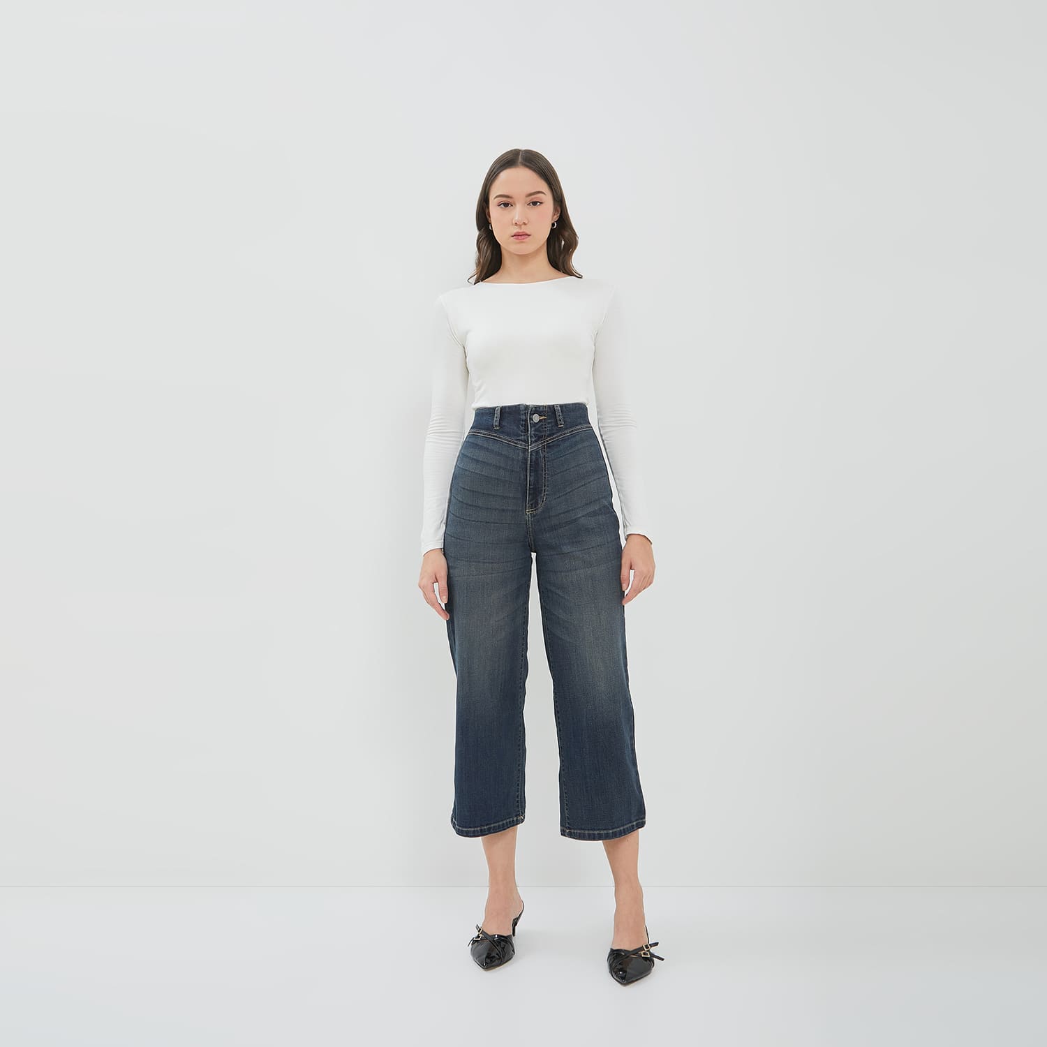 DUST Celana Cropped waistless Wide Leg Jeans Nayra Medium Dark Blue (D.39181)