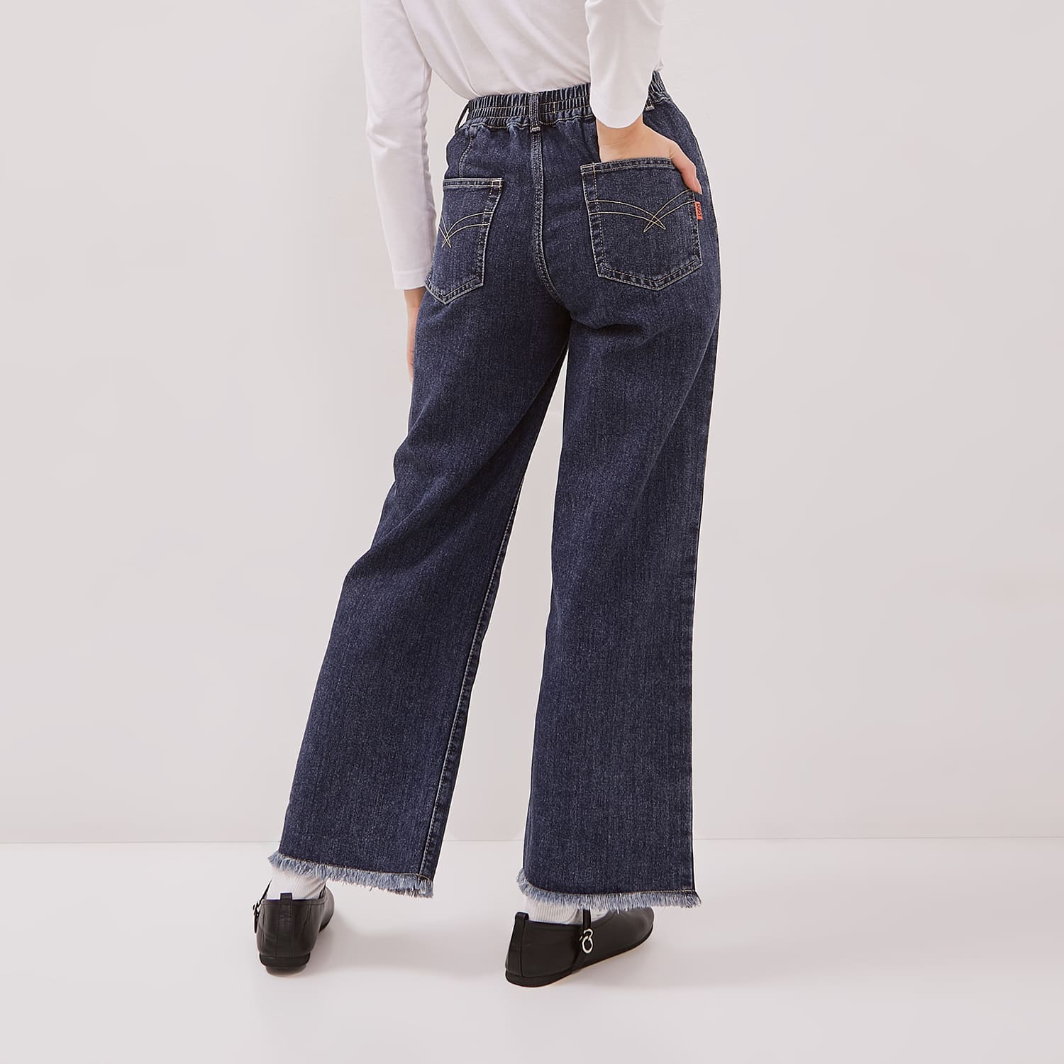DUST Celana Baggy Wide Leg Unfinished Jeans Dalihara Medium Dark Blue (D.39128)