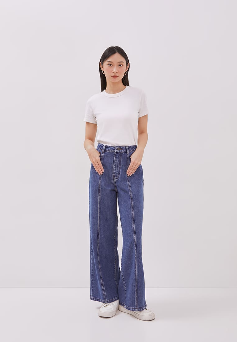 DUST Celana Panel Wide Leg Denim Belima Dark Blue Comfease (D. 39118)
