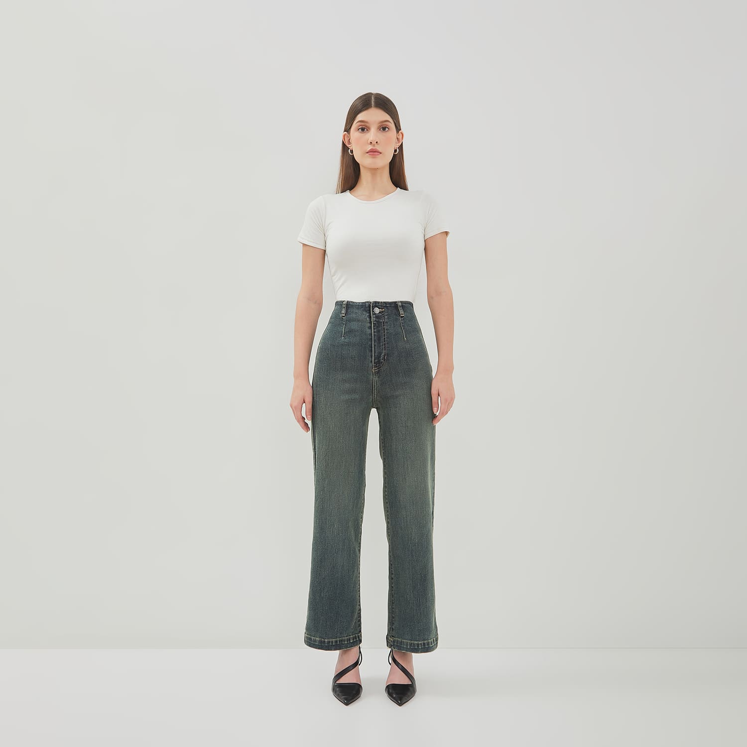 DUST Celana Waistless Baggy Wide Leg Jeans Namara Medium Blue Green (D.39150)
