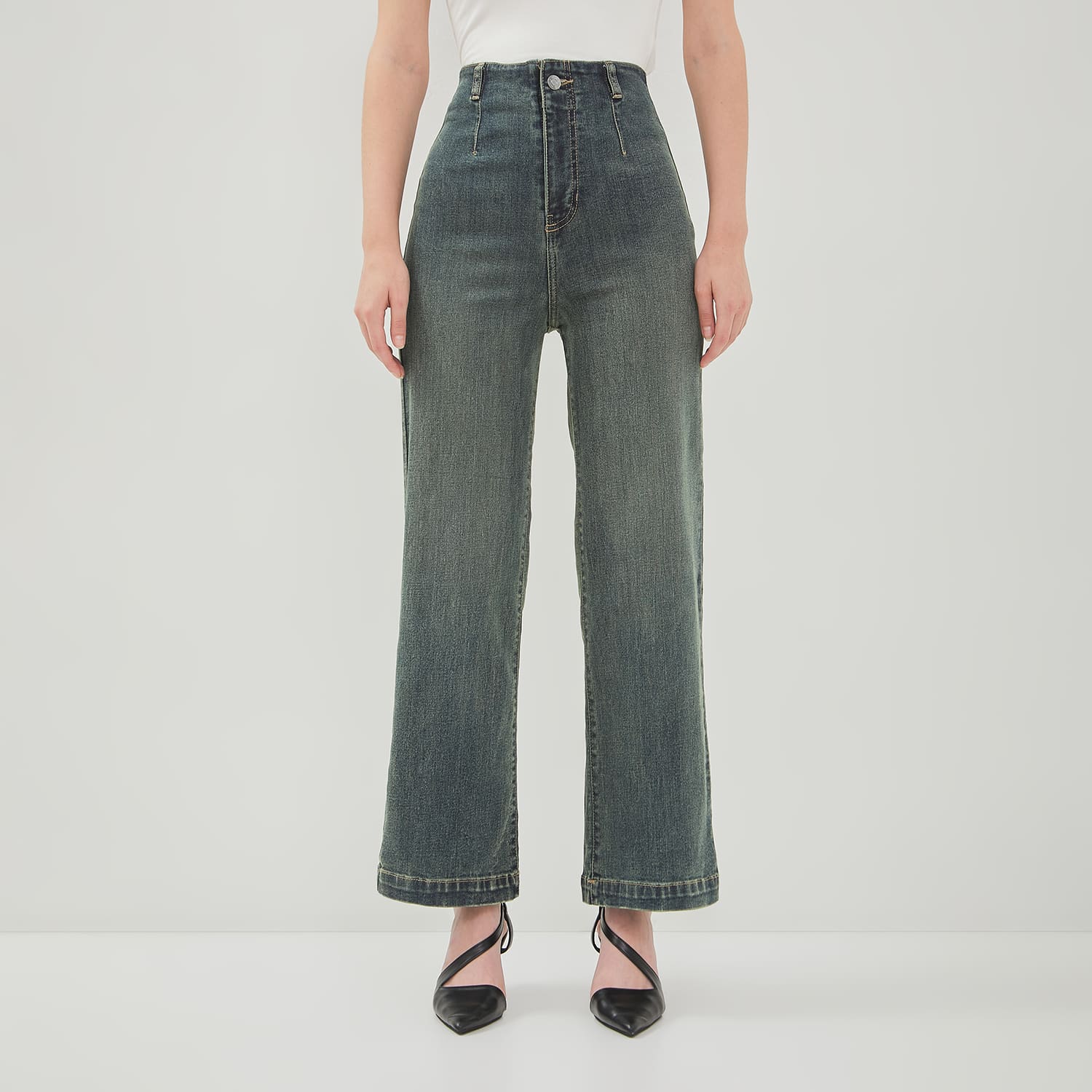 DUST Celana Waistless Baggy Wide Leg Jeans Namara Medium Blue Green (D.39150)