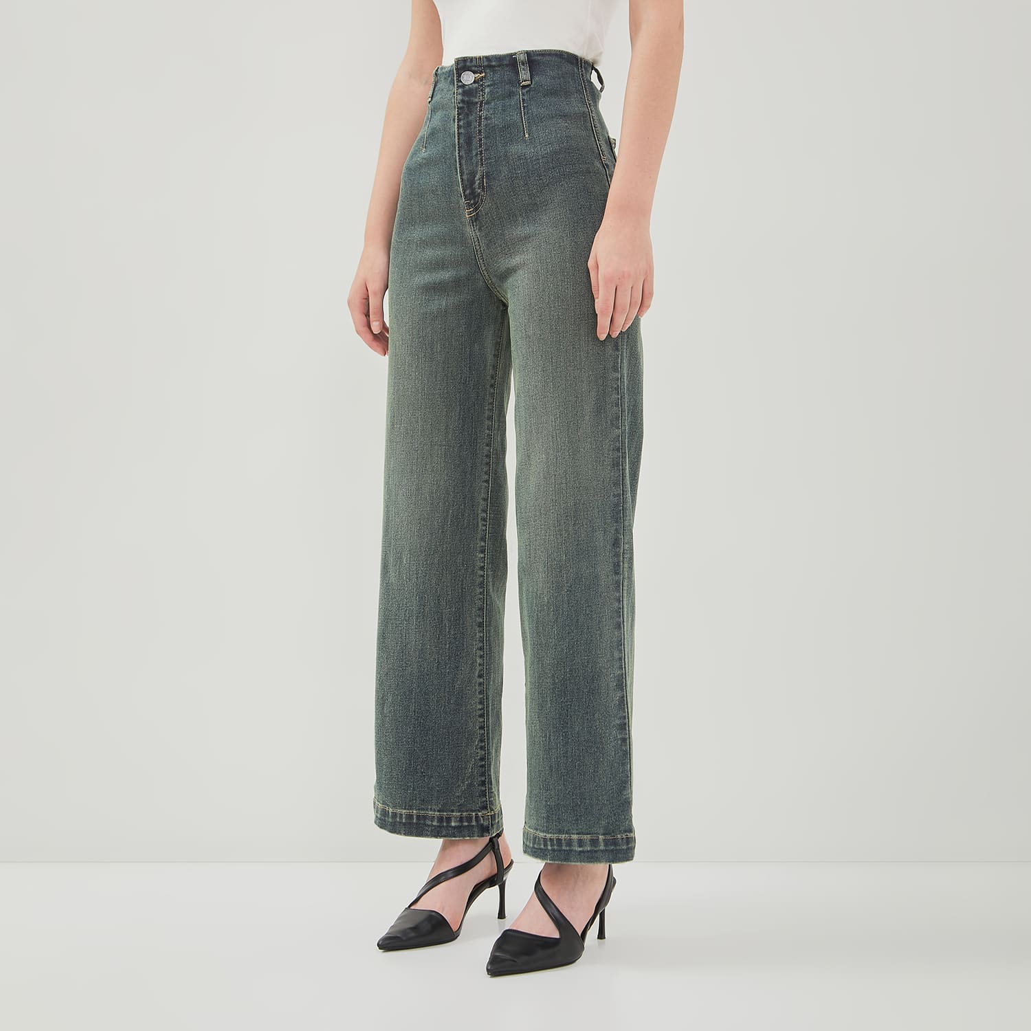 DUST Celana Waistless Baggy Wide Leg Jeans Namara Medium Blue Green (D.39150)