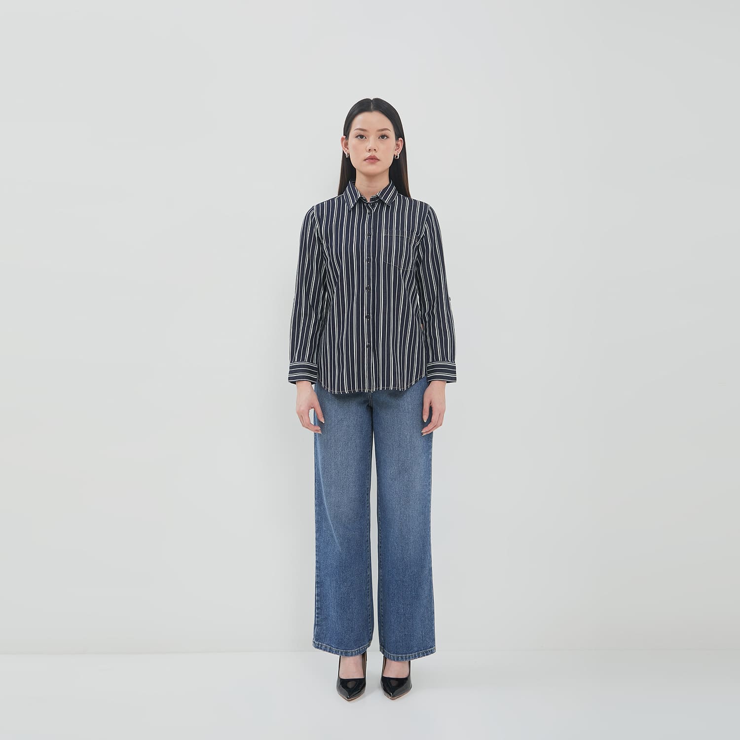 DUST Kemeja Denim Ansel Garis Dark Blue  (D.116559)