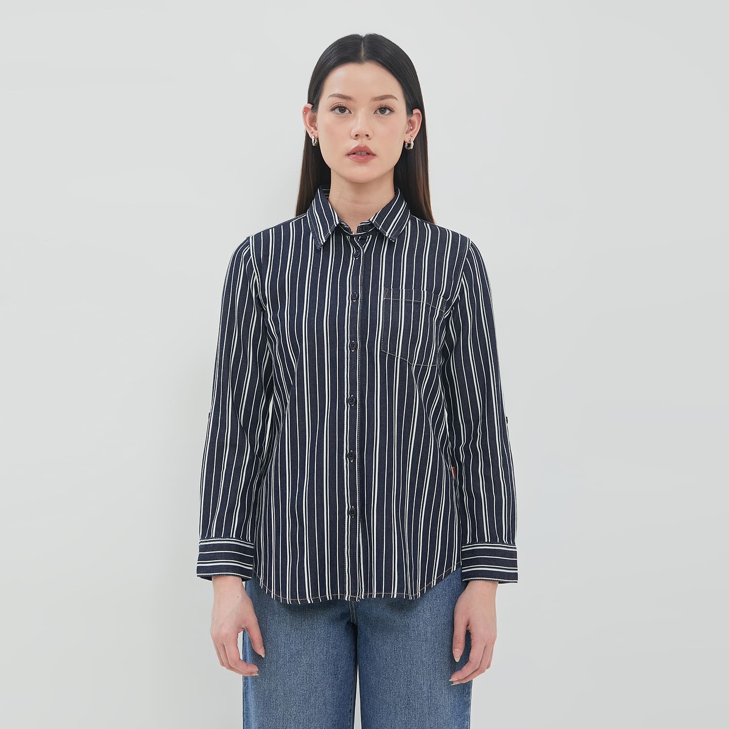 DUST Kemeja Denim Ansel Garis Dark Blue  (D.116559)