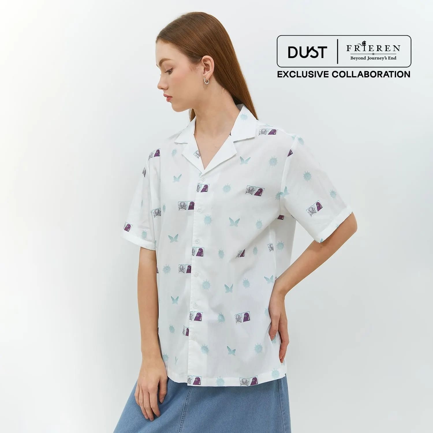 DUST Kemeja Abstrak Unisex Frieren With Fern Putih (D.14313-U)