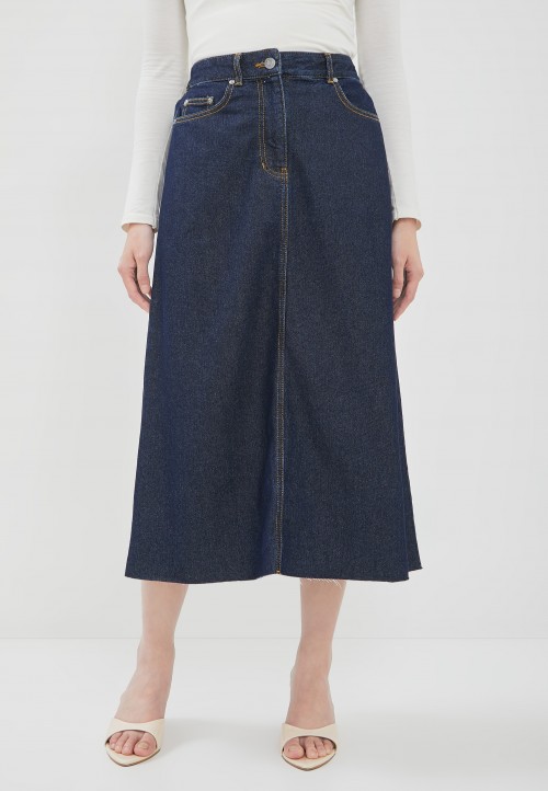 Image DUST Rok Crop Unfinished Denim Sabai Biru Tua (D.21159)